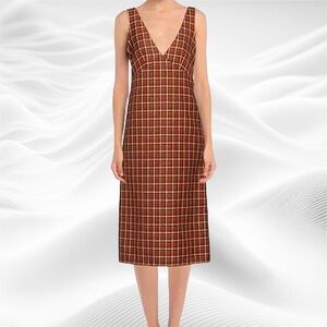 Plan C NWT V Neck Midi‎ Dress Wool Tartan Check Rust Yellow IT 40/US 6